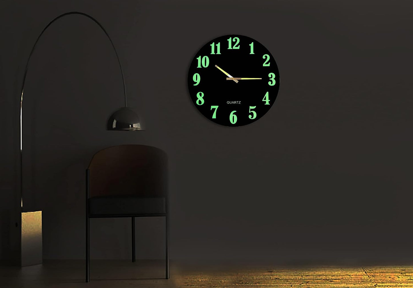 Slim Wall Clock with Black Glass Dial, Arabic Numbers and Glow in The Dark Hands