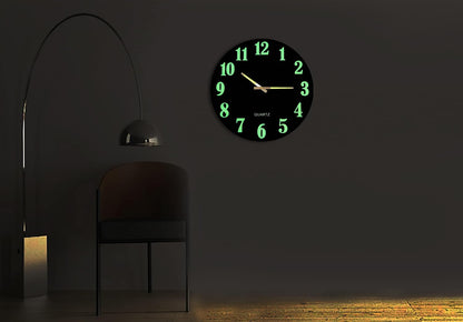 Slim Wall Clock with Black Glass Dial, Arabic Numbers and Glow in The Dark Hands