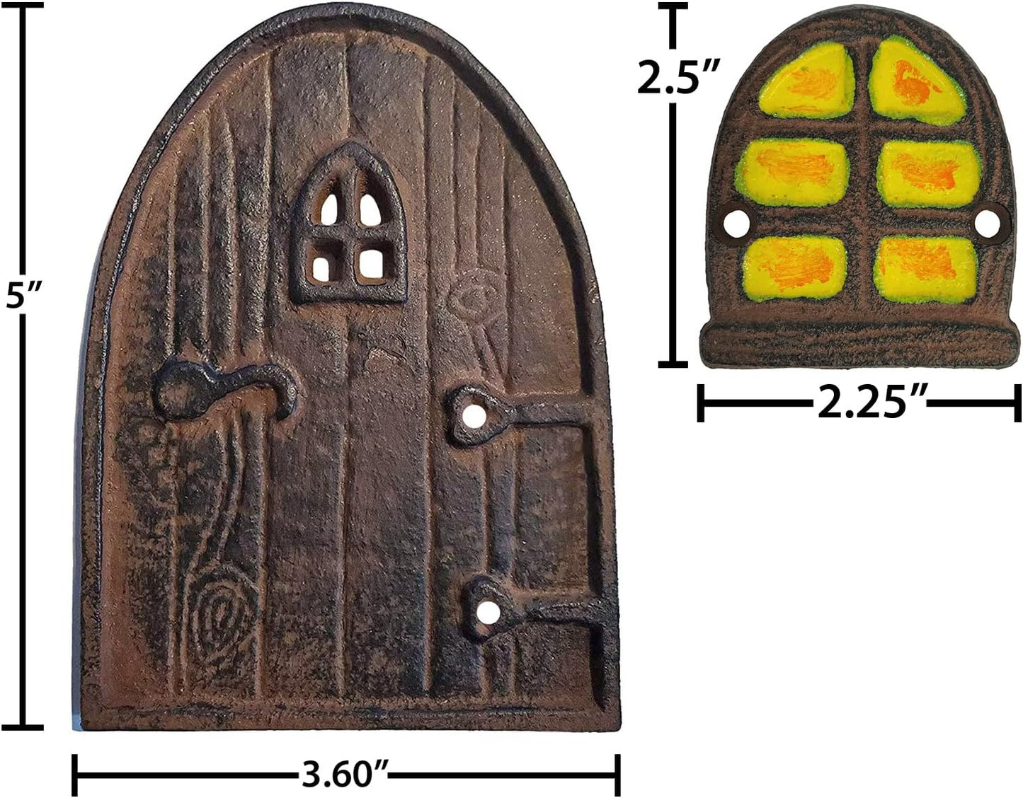 Cast Iron Rustic Brown Miniature Fairy Door and 2 Windows (Round Top)