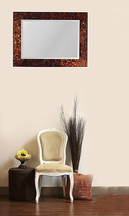 Decorative Handmade Amber Rectangle Mosaic Beveled Wall Mirror, Frame Measures 31" x 23.5", Beveled Mirror Measures 24" x 15.5"