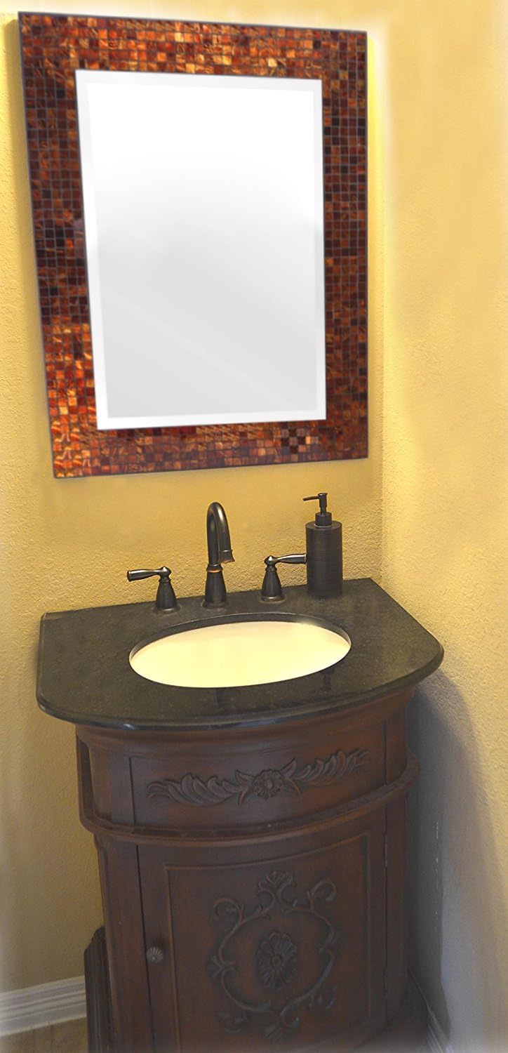 Decorative Handmade Amber Rectangle Mosaic Beveled Wall Mirror, Frame Measures 31" x 23.5", Beveled Mirror Measures 24" x 15.5"