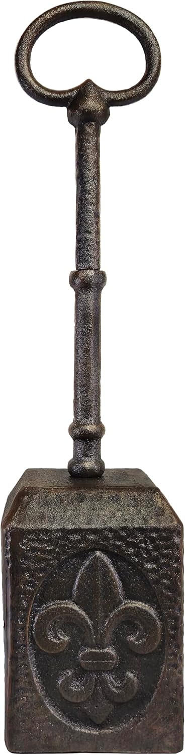 Cast Iron Heavy Door Stopper with Thick Adjustable Handle, Doorstop with Fleur de lis Design and Hammered Finish (7.4 lb)