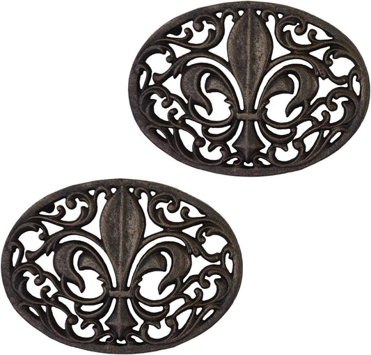 Cast Iron Oval Fleur de lis Trivet, Set of 2, Antique Brown