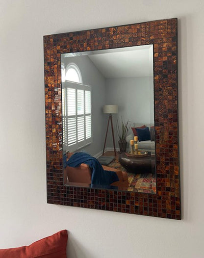 Decorative Handmade Amber Rectangle Mosaic Beveled Wall Mirror, Frame Measures 31" x 23.5", Beveled Mirror Measures 24" x 15.5"