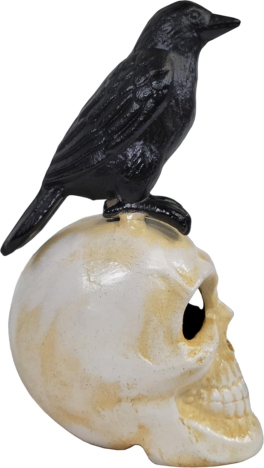 Cast Iron Scary Crow and Skull Halloween Indoor and Outdoor Decoration 2.75 x 6 inches