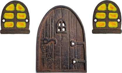 Cast Iron Rustic Brown Miniature Fairy Door and 2 Windows (Round Top)