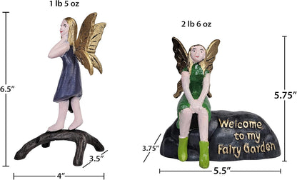 Cast Iron Welcome to My Fairy Garden Plaque with Green Sitting Fairy and Purple Fairy (2 Piece Set) Garden Decor Fairy Garden Accessories