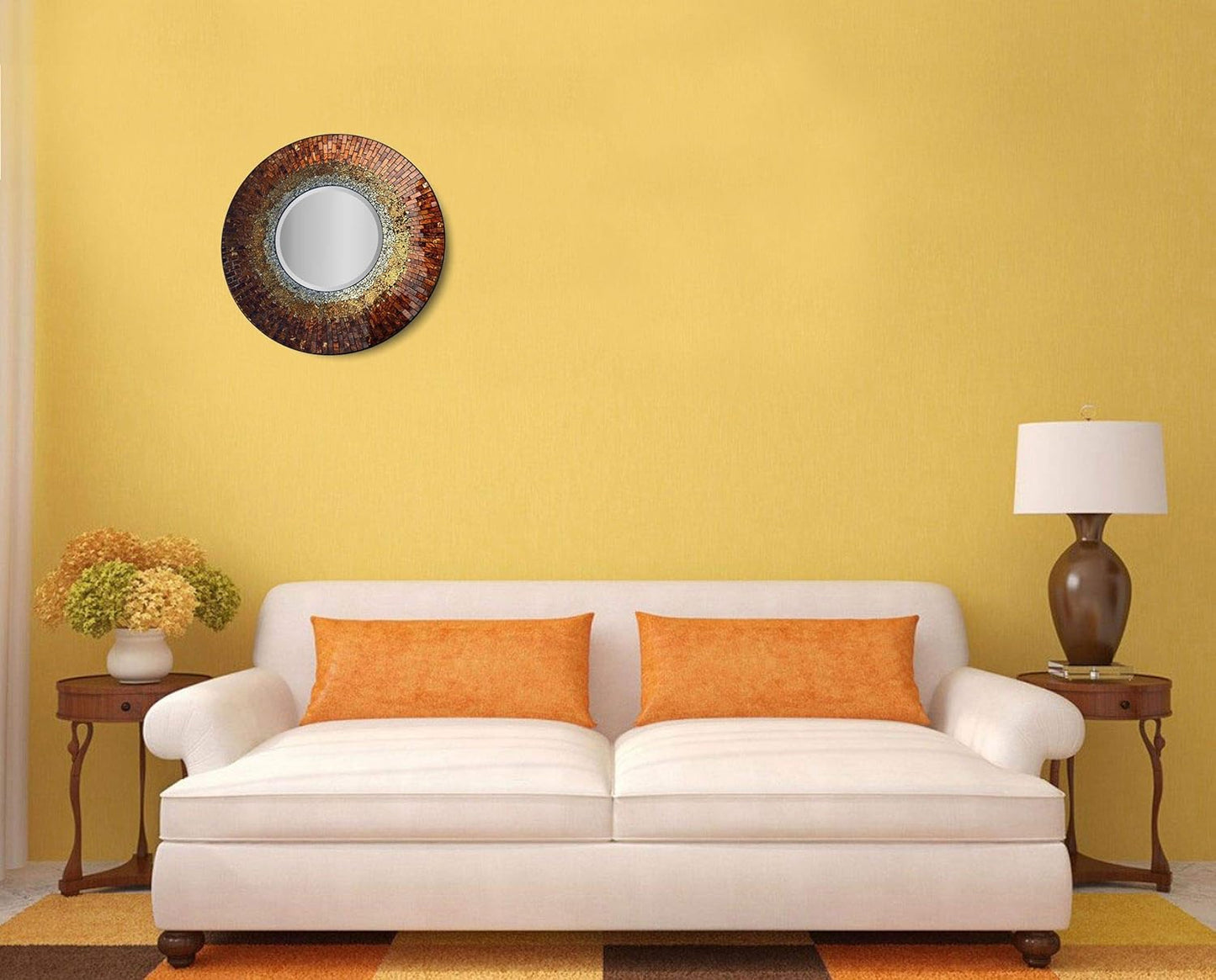 Decorative Handmade Baltic Amber Mosaic Wall Mirror, Diameter 23.5", Mirror 11.5"