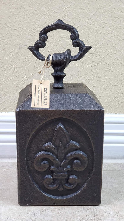 Cast Iron Heavy Door Stop with Fleur de lis Design, Doorstop with Handle, rods in Sizes (9 Lb)