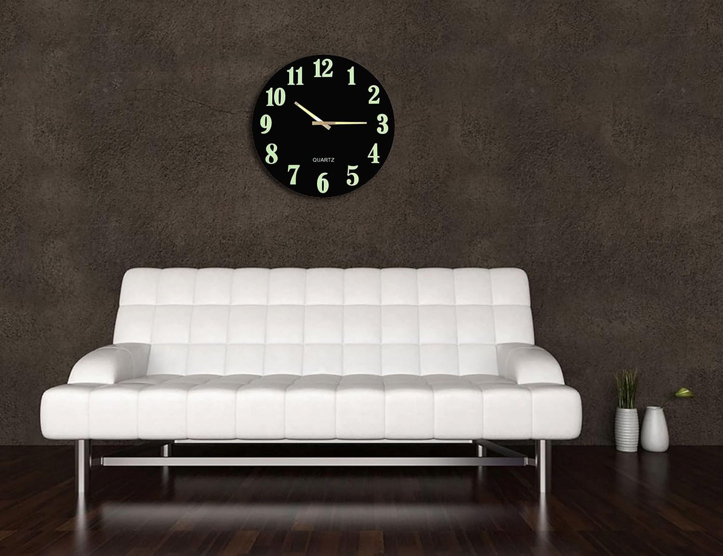 Slim Wall Clock with Black Glass Dial, Arabic Numbers and Glow in The Dark Hands