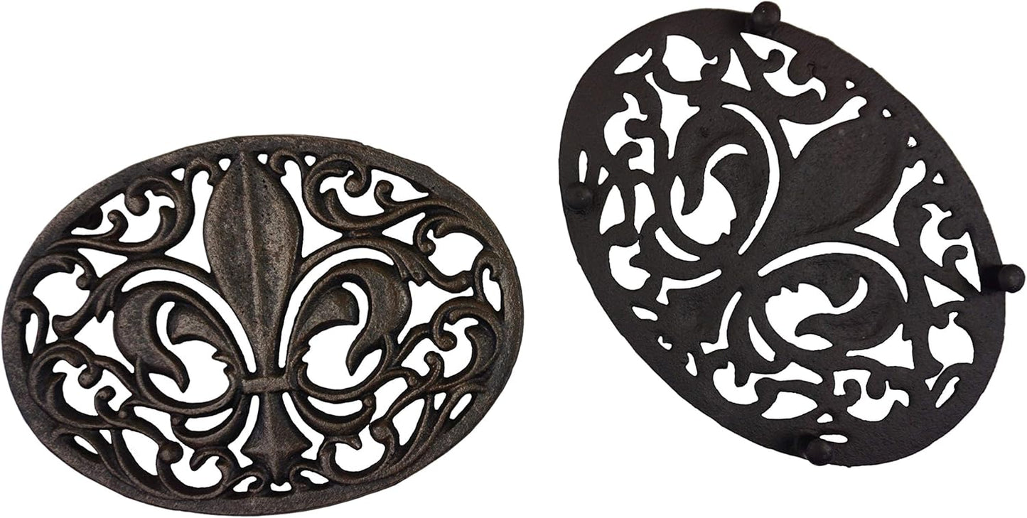 Cast Iron Oval Fleur de lis Trivet, Set of 2, Antique Brown