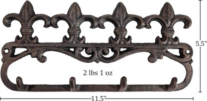 Cast Iron Fleur De Lis Key Hook Wall Mount Decorative Hanger Unique, Rustic and Strong (4 Hooks)