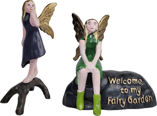 Cast Iron Welcome to My Fairy Garden Plaque with Green Sitting Fairy and Purple Fairy (2 Piece Set) Garden Decor Fairy Garden Accessories