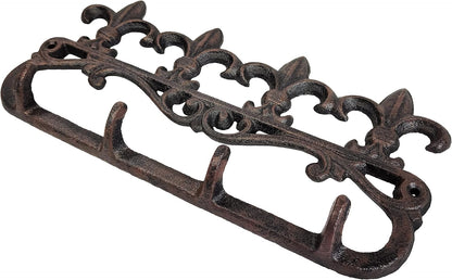 Cast Iron Fleur De Lis Key Hook Wall Mount Decorative Hanger Unique, Rustic and Strong (4 Hooks)