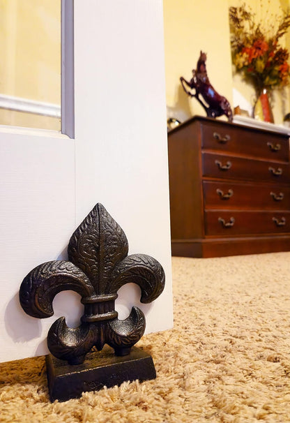 Cast Iron Fleur De Lis Door Stopper with Embossed Antique Finish, 4lbs 4oz