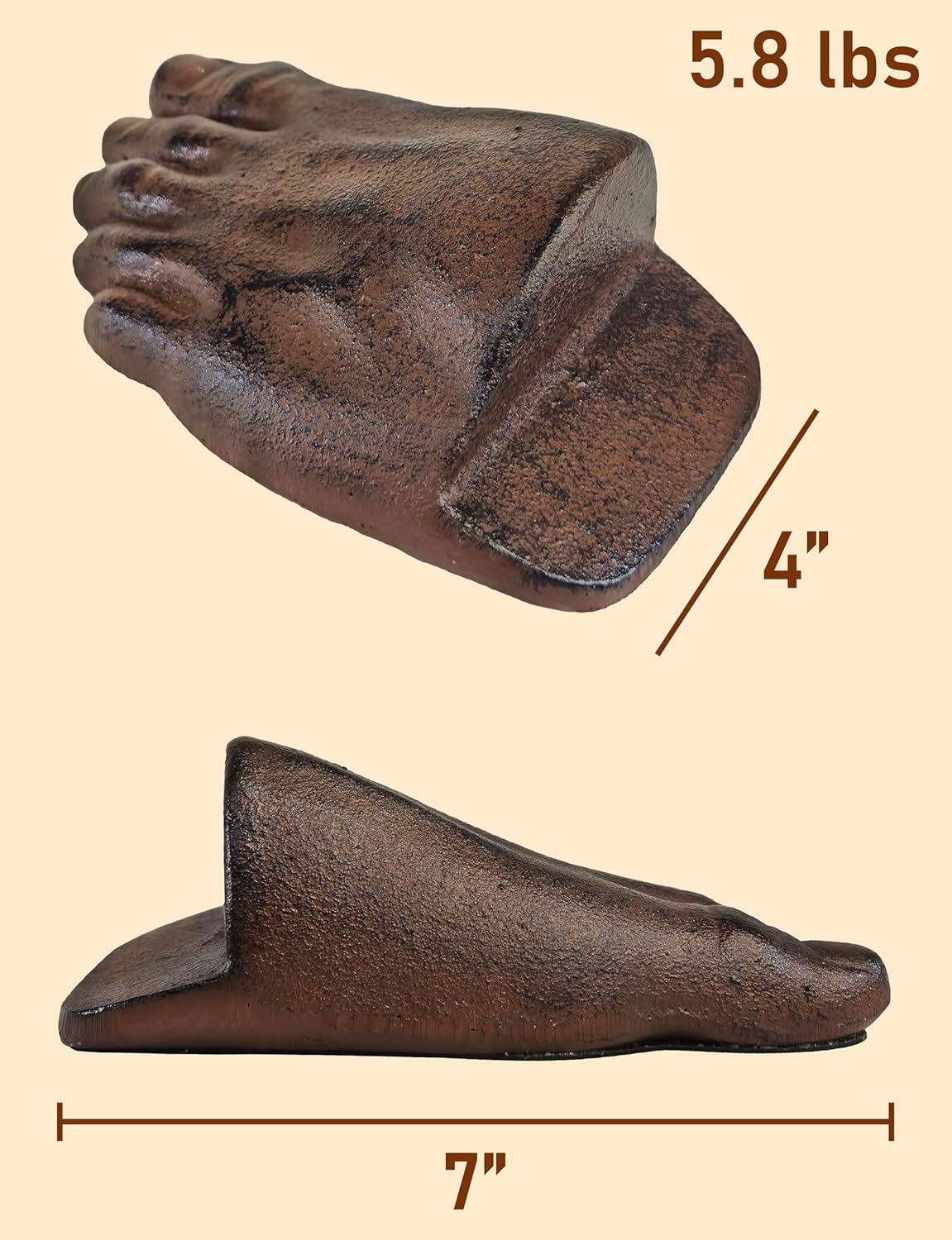 Heavy Cast Iron Foot Door Stopper with Realistic Brown Finish (5.8 lb)