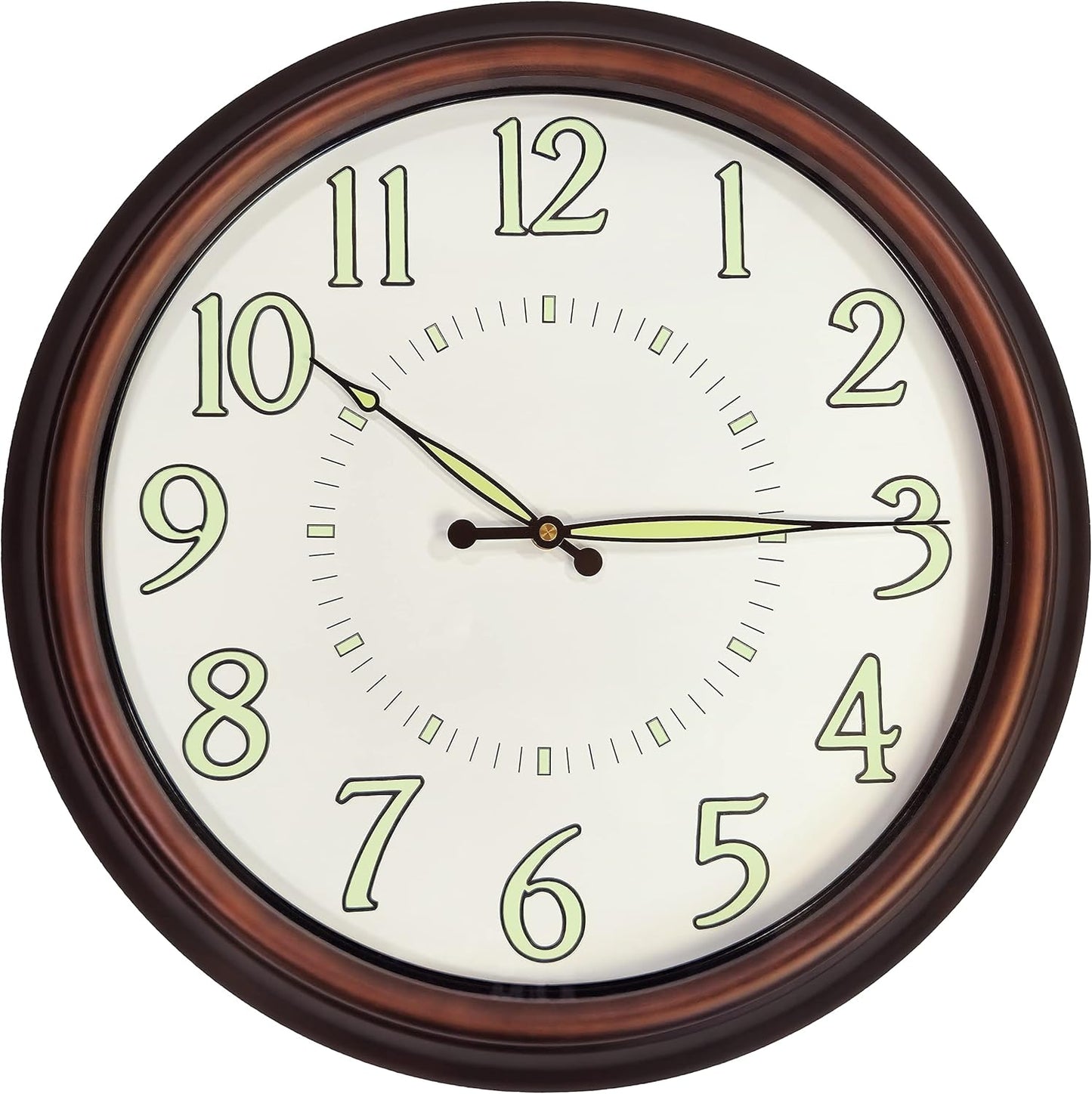 18" Brown Frame Metal Wall Clock, Luminous Dial and Hands