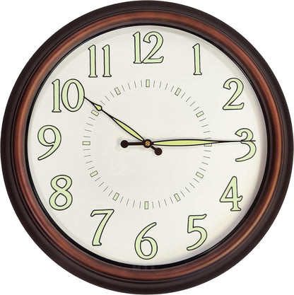 18" Brown Frame Metal Wall Clock, Luminous Dial and Hands