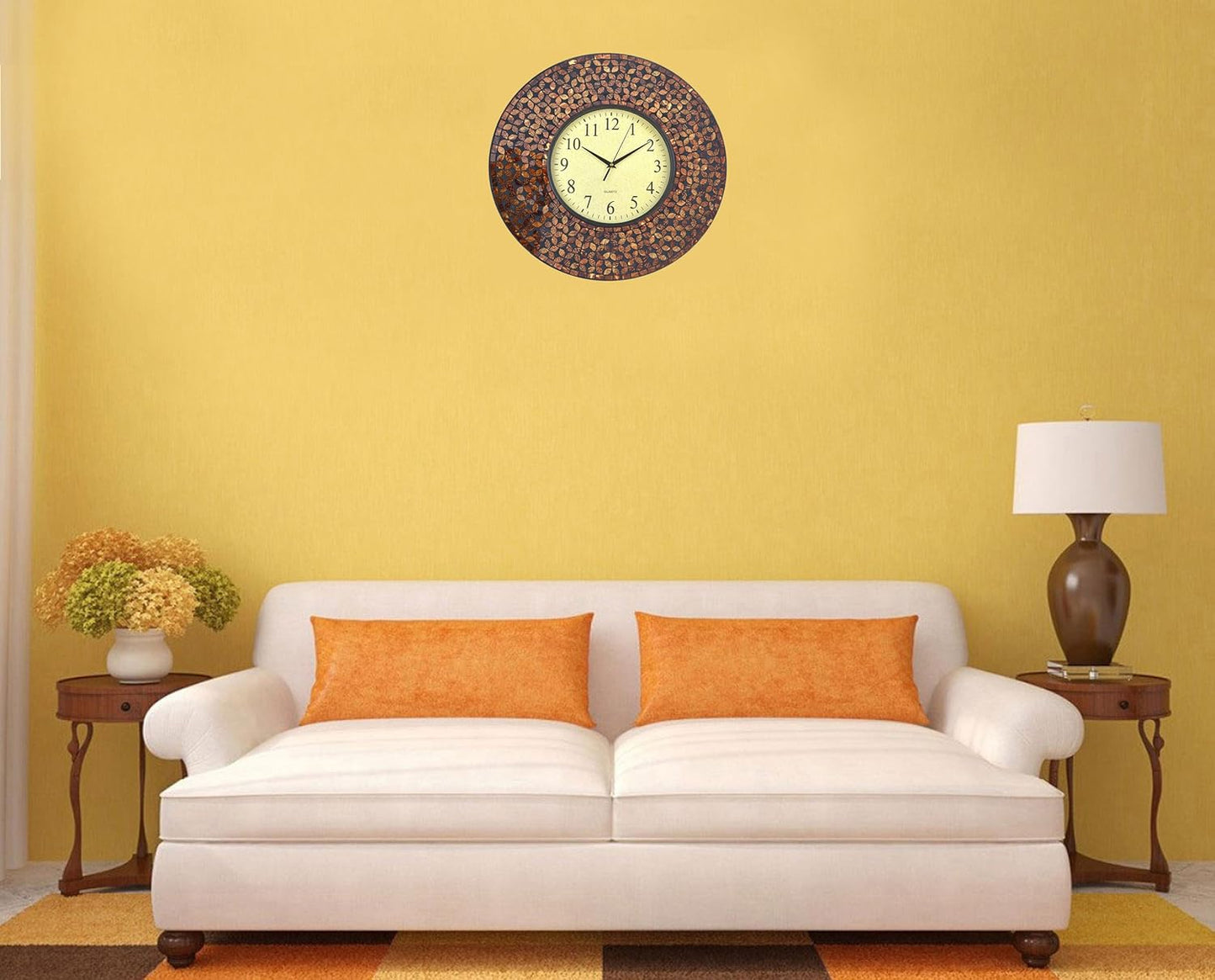 19" Amber Flower Mosaic Wall Clock with Black Cement, Arabic Number Glass Dial 9.5"