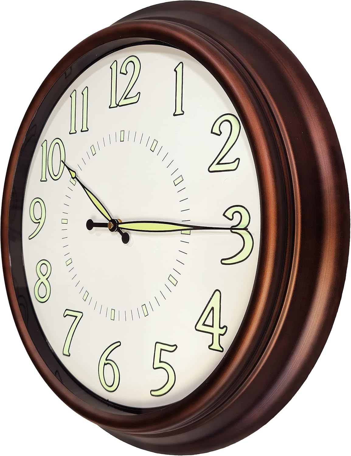 18" Brown Frame Metal Wall Clock, Luminous Dial and Hands