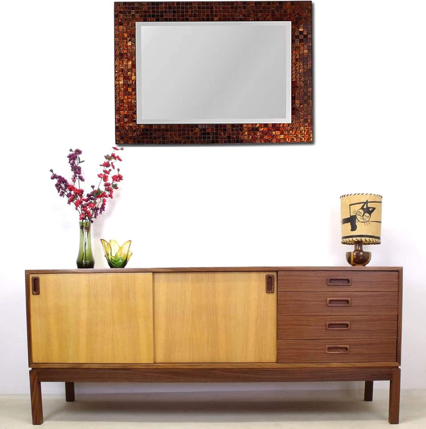 Decorative Handmade Amber Rectangle Mosaic Beveled Wall Mirror, Frame Measures 31" x 23.5", Beveled Mirror Measures 24" x 15.5"