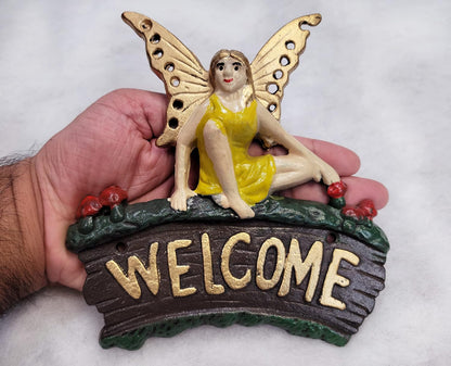 Cast Iron Fairy Welcome Plaque Garden Decor Fairy Garden Accessories 6.25 x 7 Inches