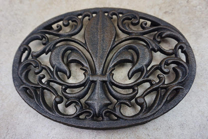 Cast Iron Oval Fleur de lis Trivet, Set of 2, Antique Brown