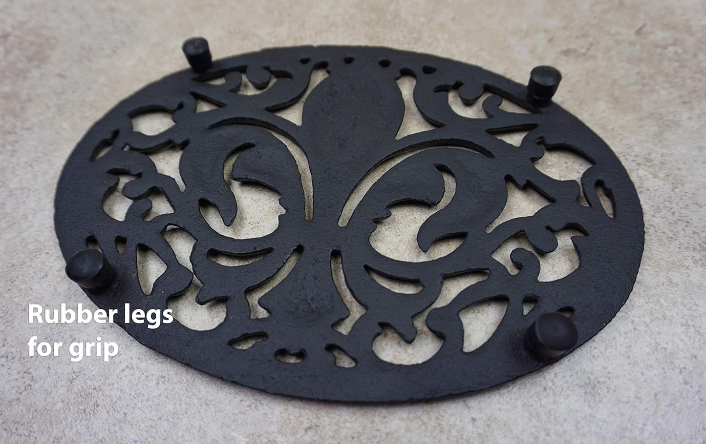 Cast Iron Oval Fleur de lis Trivet, Set of 2, Antique Brown