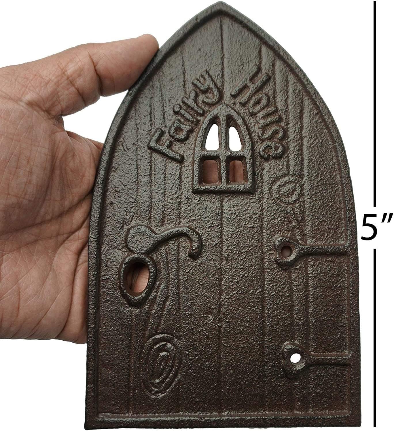 Cast Iron Antique Brown Miniature Fairy Door, Garden Ornament for Bottom of Trees (5 Inches)