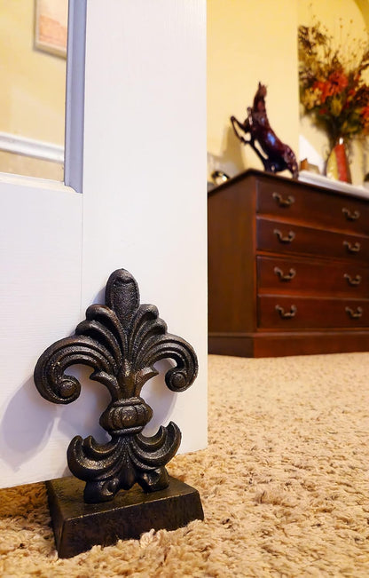 Cast Iron Fleur De Lis Royal Door Stopper in Antique Black Finish, 4lbs 1oz