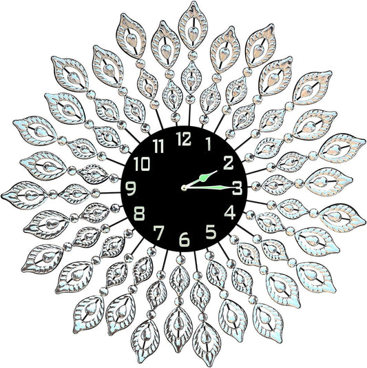 25" Crystal Leaf Metal Wall Clock, Black Glass Dial