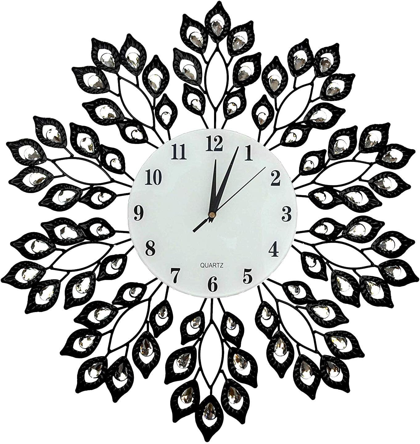 25” Black Leaf Metal Wall Clock, 9” White Glass Dial with Arabic Numerals