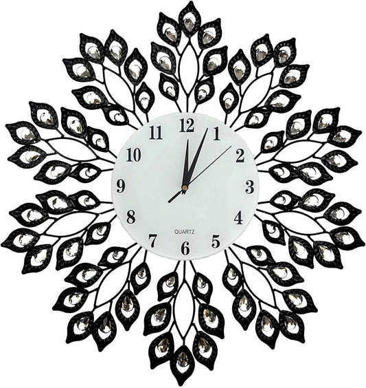 25” Black Leaf Metal Wall Clock, 9” White Glass Dial with Arabic Numerals