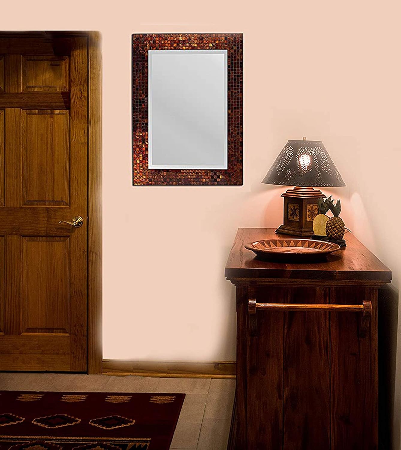 Decorative Handmade Amber Rectangle Mosaic Beveled Wall Mirror, Frame Measures 31" x 23.5", Beveled Mirror Measures 24" x 15.5"