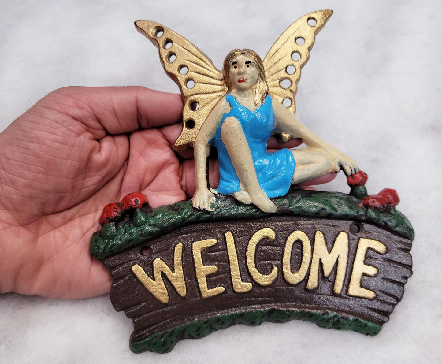 Cast Iron Fairy Welcome Plaque Garden Decor Fairy Garden Accessories 6.25 x 7 Inches