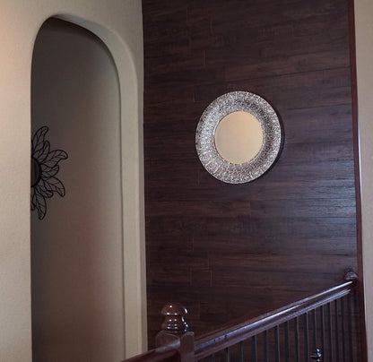 19" Ornamental Round Silver Metal Beveled Wall Mirror