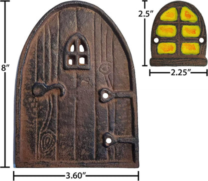 Cast Iron Rustic Brown Miniature Fairy Door and 2 Windows (Round Top)