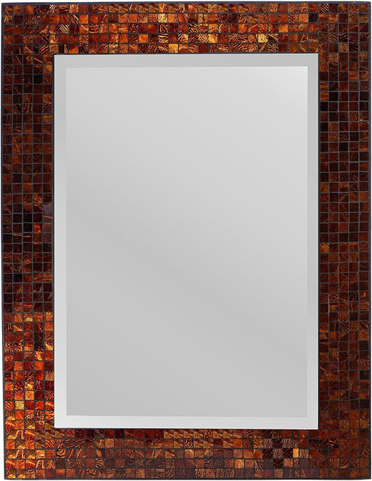 Decorative Handmade Amber Rectangle Mosaic Beveled Wall Mirror, Frame Measures 31" x 23.5", Beveled Mirror Measures 24" x 15.5"