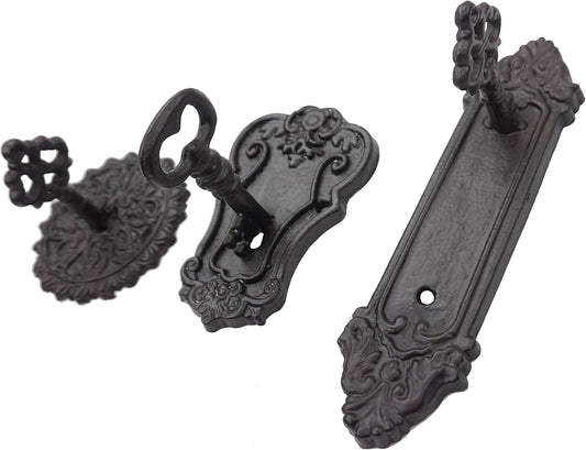 Cast Iron Antique Key Shaped Set of 3 Hooks (Roman)