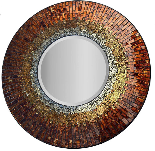 Decorative Handmade Baltic Amber Mosaic Wall Mirror, Diameter 23.5", Mirror 11.5"