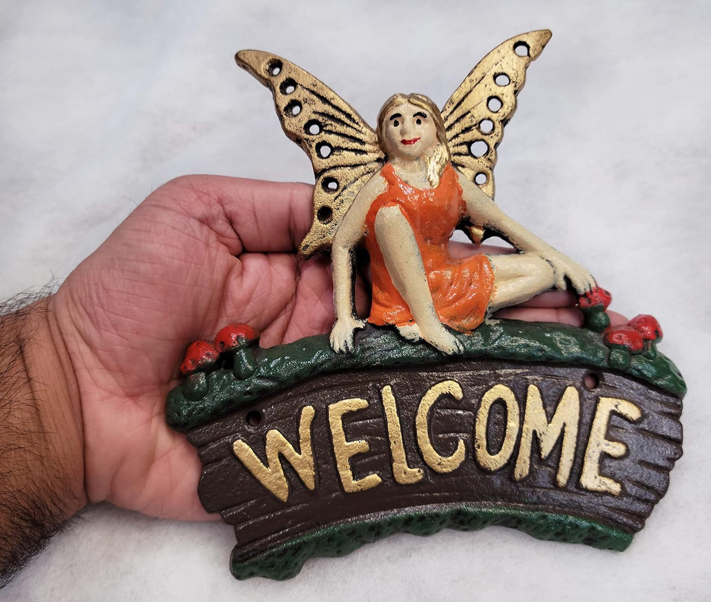 Cast Iron Fairy Welcome Plaque Garden Decor Fairy Garden Accessories 6.25 x 7 Inches