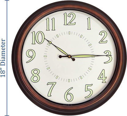 18" Brown Frame Metal Wall Clock, Luminous Dial and Hands