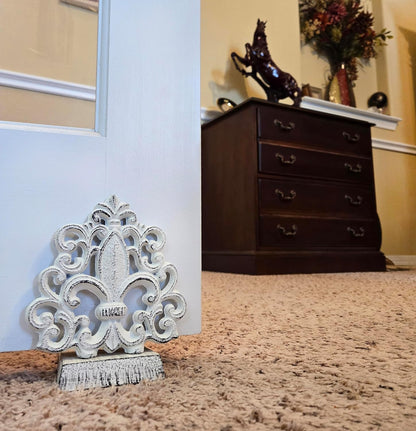 Cast Iron Fleur De Lis Door Stopper in Antique White - 4 lbs 10 oz