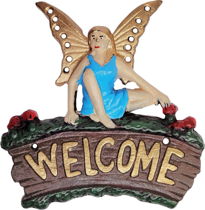 Cast Iron Fairy Welcome Plaque Garden Decor Fairy Garden Accessories 6.25 x 7 Inches