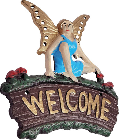 Cast Iron Fairy Welcome Plaque Garden Decor Fairy Garden Accessories 6.25 x 7 Inches