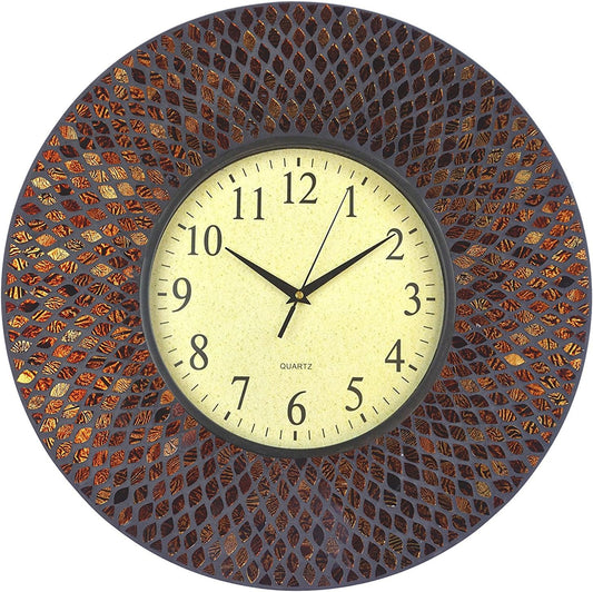 19" Amber Comb Mosaic Wall Clock with Black Cement, Arabic Number Glass Dial 9.5"