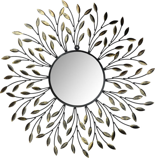 Decorative Metal Vine Wall Mirror, Frame Measures 25", Round Beveled Mirror 9”