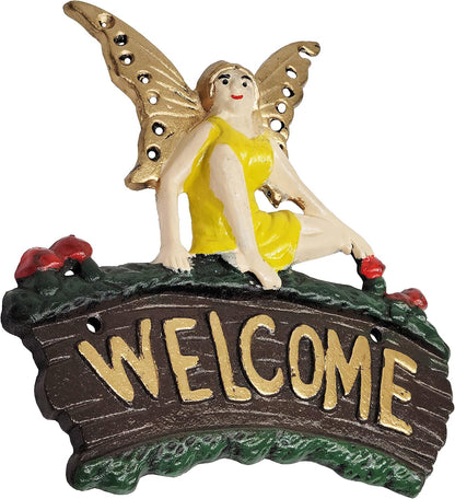 Cast Iron Fairy Welcome Plaque Garden Decor Fairy Garden Accessories 6.25 x 7 Inches