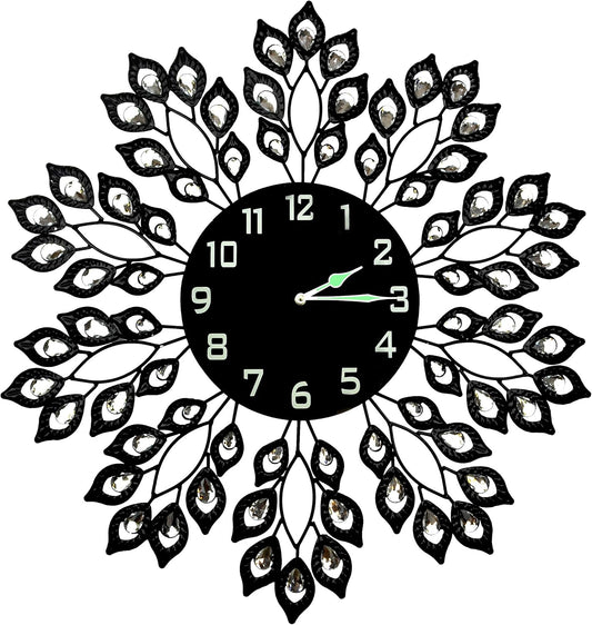 25” Black Leaf Metal Wall Clock, 9” Black Glass Dial with Arabic Numbers