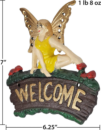 Cast Iron Fairy Welcome Plaque Garden Decor Fairy Garden Accessories 6.25 x 7 Inches